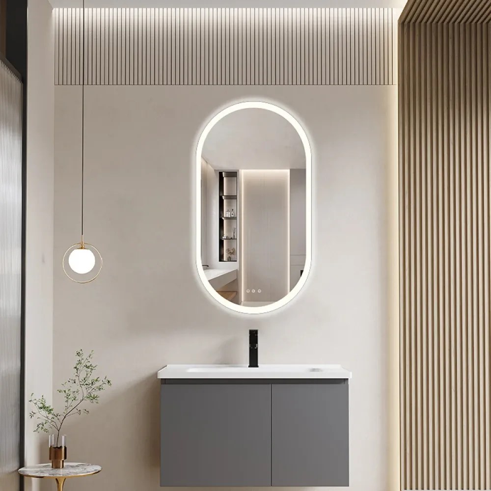 Oglindă baie, Multifuncțională, Iluminare LED Touch, Intensitate reglabila, Sistem Dezaburire, Ceas electronic încorporat, Indicator Temperatura, 50x70 cm