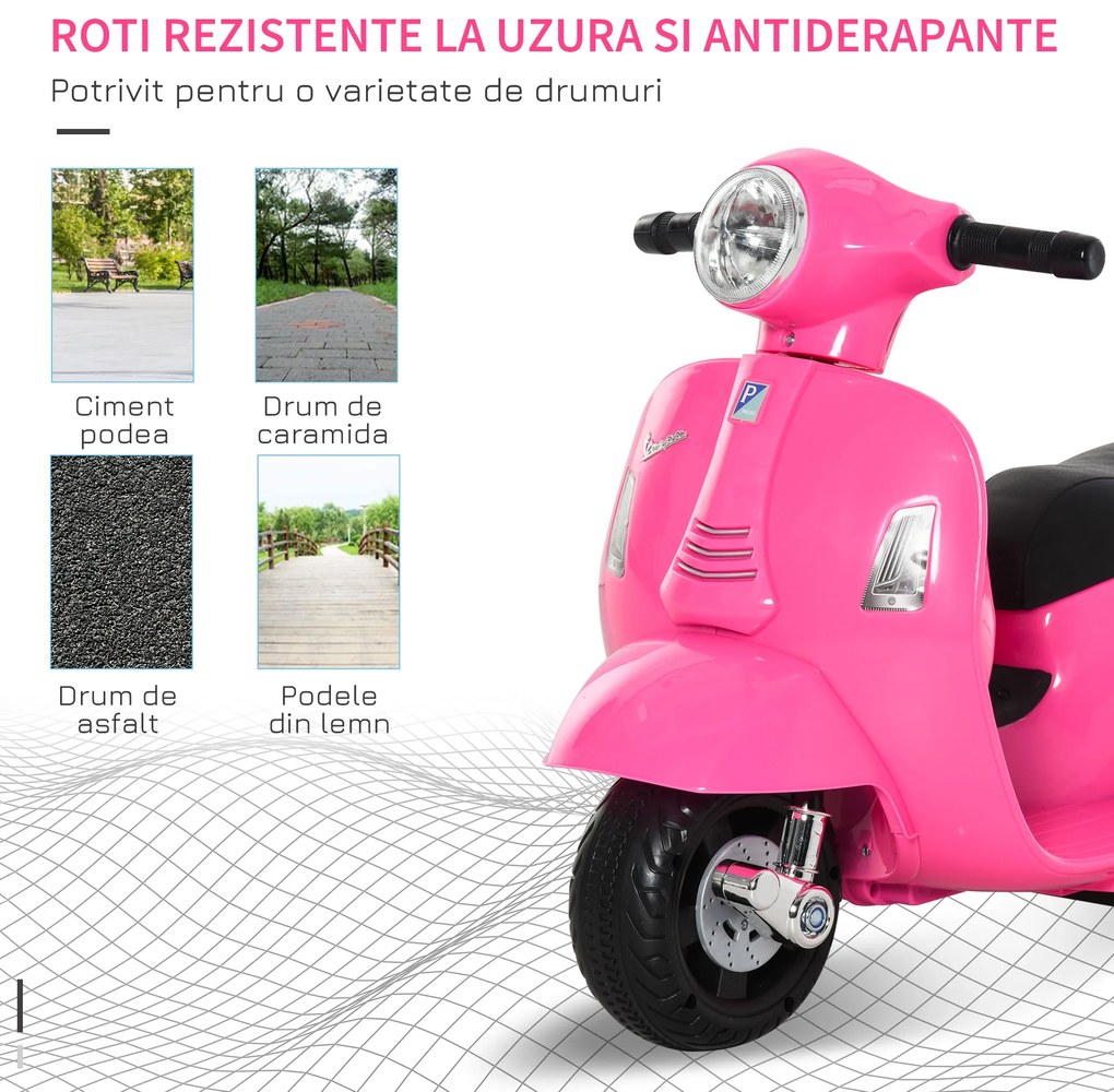 HOMCOM Motocicletă Electrică pentru Copii cu Baterie 6V, Faruri și Claxon Motocicletă pentru Copii de 18-36 luni, 66.5x38x52 cm, Roz  | Aosom Romania