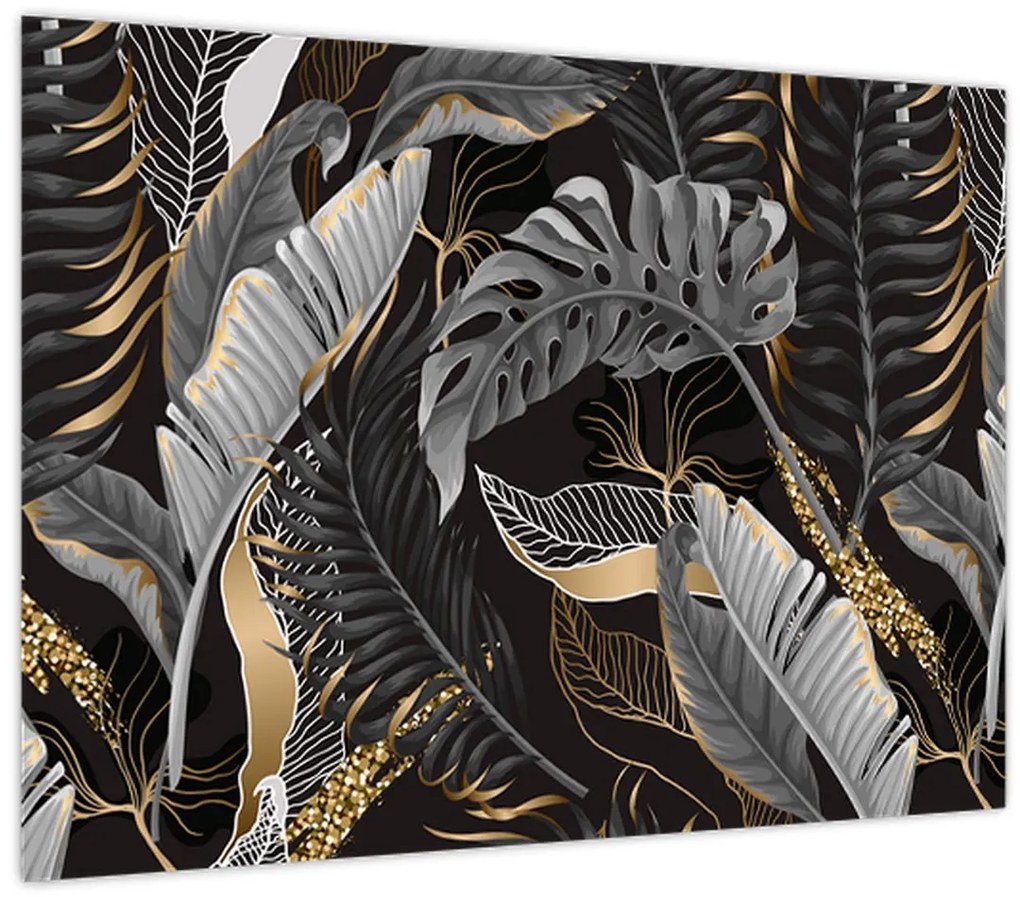 Tablou pe sticlă - Frunze tropicale, Galben - auriu (70x50 cm)