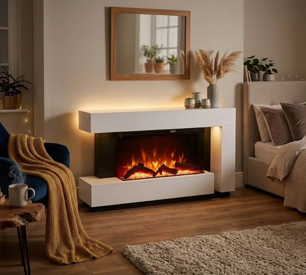 Șemineu electric, montare independentă, cadru MDF, sticla securizata, flacara LED cu efect realist, difuzor cu sunet de lemne trosnind, 120x56x24 cm, Alb
