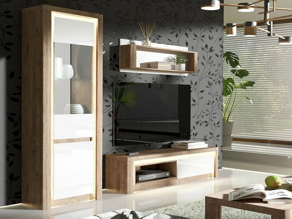 Mobilă pentru sufragerie Stanton G118Alb lucios, Ribbeck stejar, Cu componente suplimentare, Părți separate, Cu comodă tv, Sticlă călită, PAL laminat, 126 kg