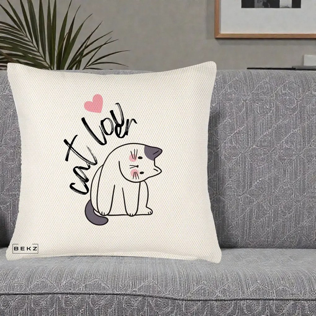 Perna Personalizata Cat Lover Pisica Ilustratie Linie, 40x40 cm, Crem Reliefat, Husa Detasabila, Perna Inclusa, BEKZ®