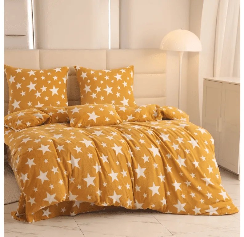 Set 2 bucati lenjerie cocolino STARS galben-portocaliu + cearsaf Cocolino microplus SOFT 180x200 cm alb, pat dublu