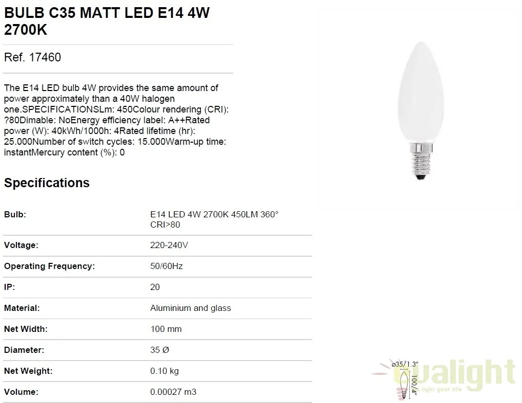 Bec E14 LED C35 MATT 4W 2700K 17460