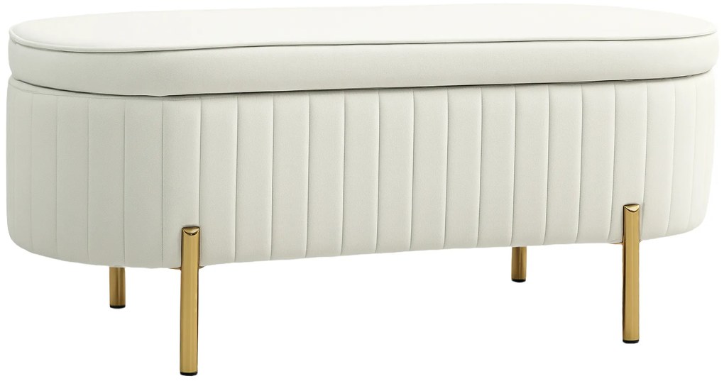 HOMCOM Bancă de Depozitare de Intrare Ovală 72L, Design Canelat cu Capac Rabatabil și Scaun Capitonat, Bancă de la Capătul Patului, Pouf, în Velur și cu Picioare din Lemn de Pin, 108x44x43.5 cm, Crem | Aosom Romania