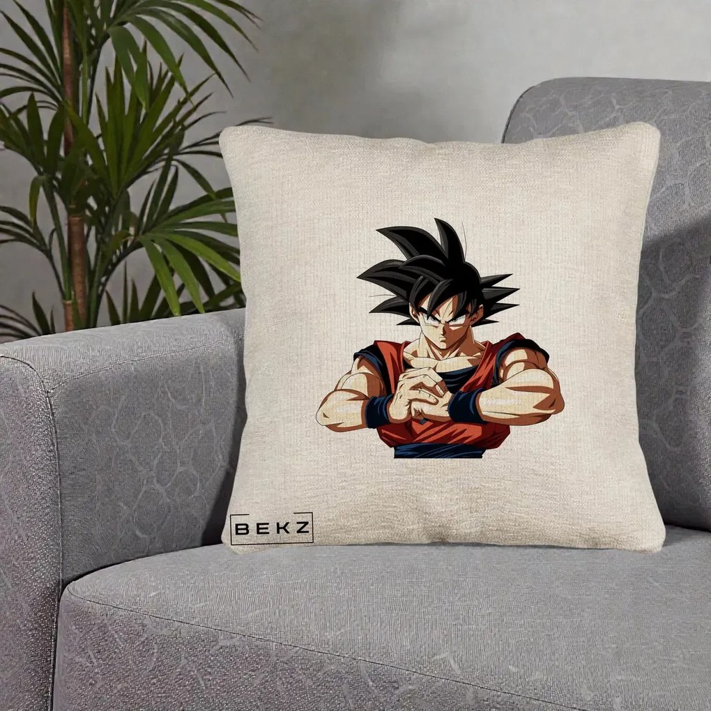 Perna Personalizata Dragon Ball Goku Portret Serios, 40x40 cm, Bej Canapea, Husa Detasabila, Perna Inclusa, BEKZ®