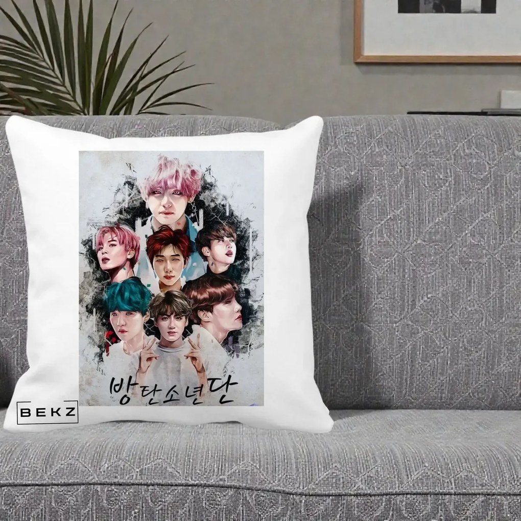 Perna Personalizata K-pop BTS Bangtan Boys Poster Artistic Negru Alb, 40x40 cm, Alba Mata, Husa Detasabila, Perna Inclusa, BEKZ®