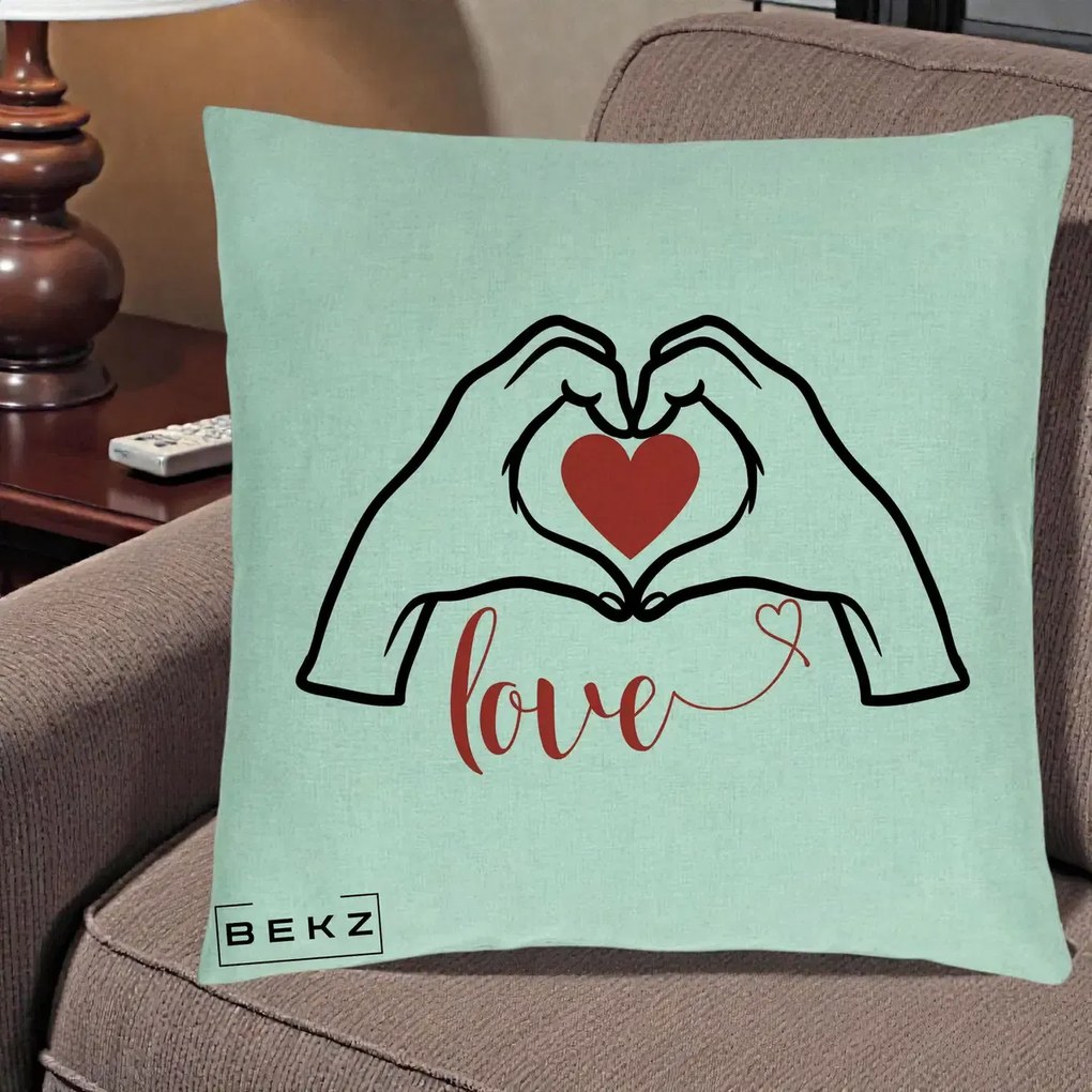 Perna Decorativa Love Maini Inima cu Inscriptie Love Rosu, 40x40 cm, Verde Menta, Husa Detasabila, Perna Inclusa, BEKZ®