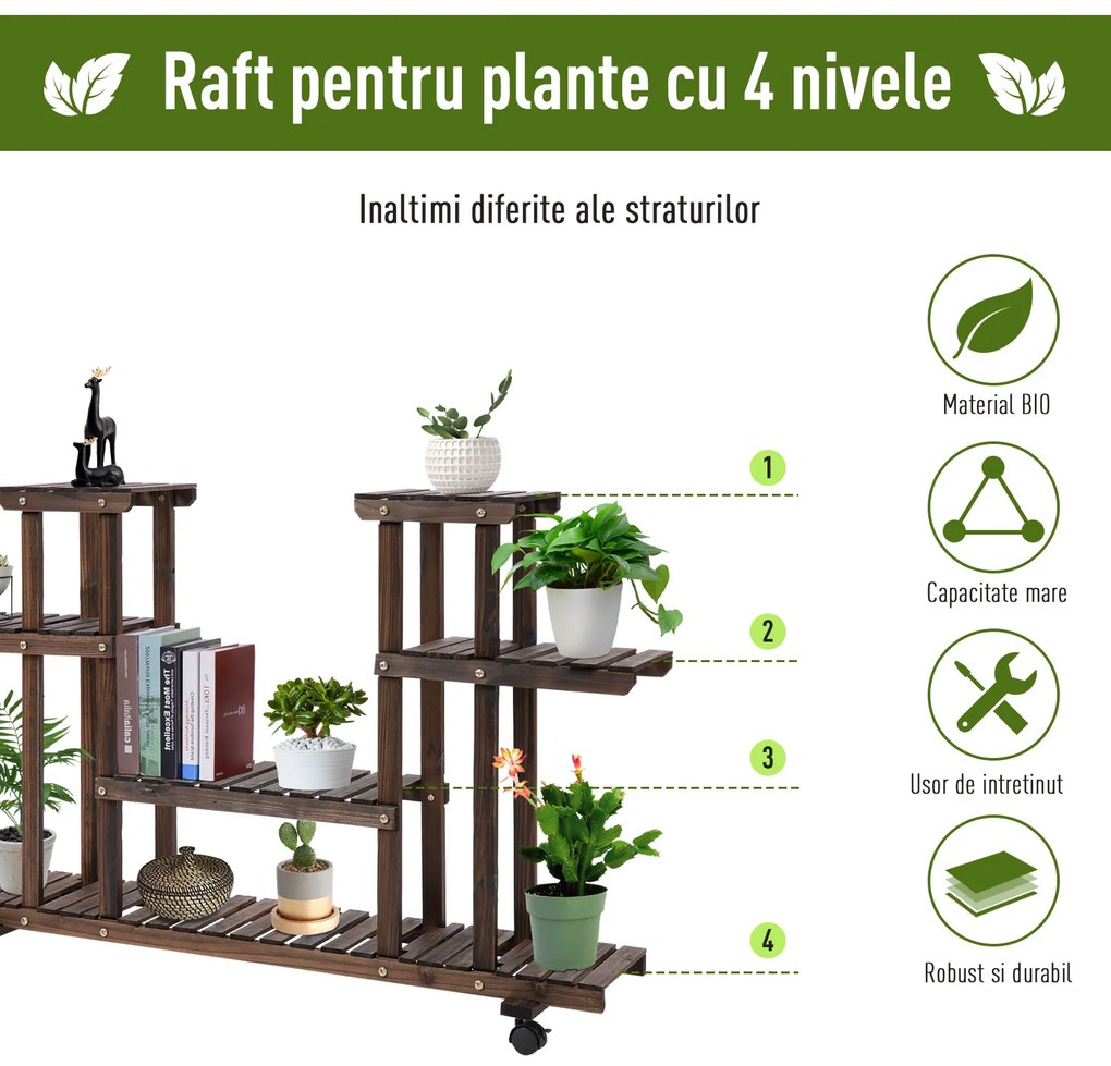 Outsunny Raft de Flori cu 4 Nivele si Roti , din Lemn 123.5L x 33L x 80Hcm | Aosom Ro