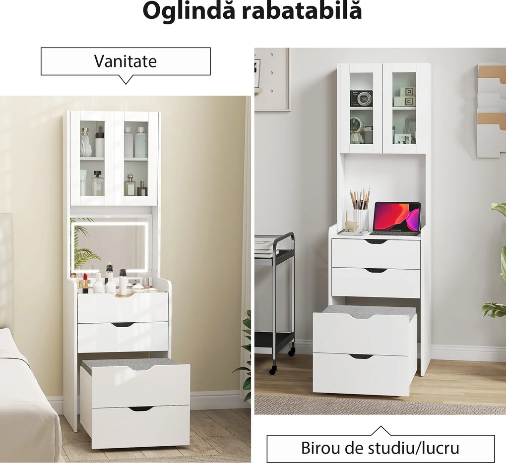 HOMCOM Stație de Machiaj cu Lumini LED în 3 Culori, Oglindă Rabatabilă, Scaun Ascuns, Măsuță de Machiaj cu Scaun Îmbunătățit, 3 Sertare, Compartiment, Dulap cu Uși din Sticlă, Modern, Alb | Aosom Romania