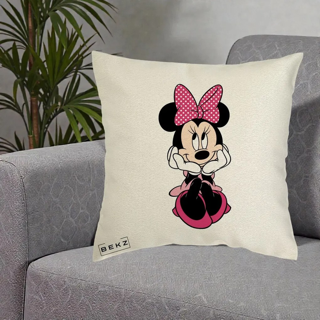 Perna Personalizata Minnie Mouse cu Fundita, 40x40 cm, Ecru, Husa Detasabila, Perna Inclusa, BEKZ®