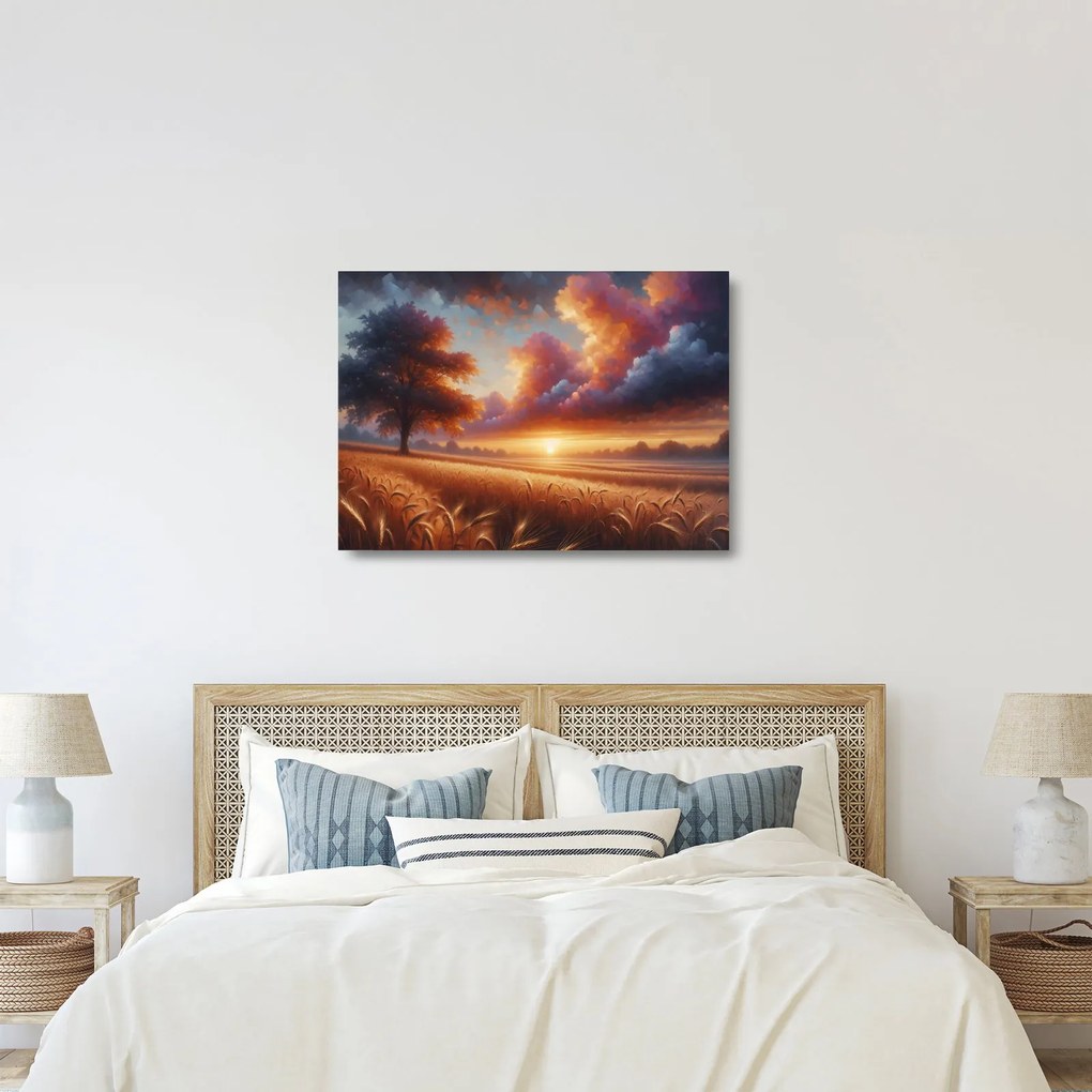 Tablou pe sticlă – Apus de soare pe câmp (70x50 cm)