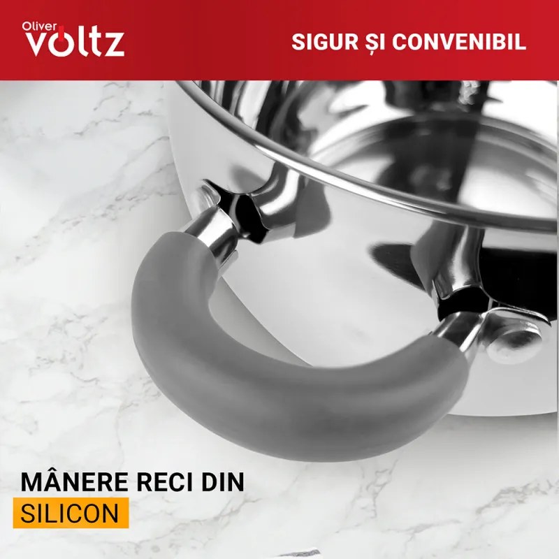 Oala Oliver Voltz OV51210N20, 20 cm, 3,5 l, Inductie, Manere din silicon gri, Inox/Gri