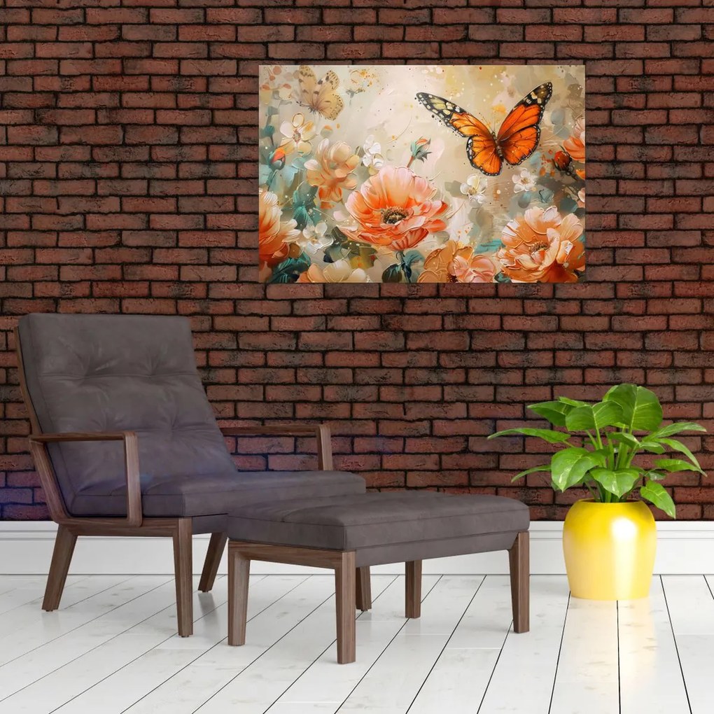 Tablou - Fluture și flori, pictură în ulei (90x60 cm)