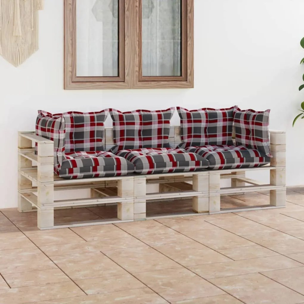 3066126 vidaXL Canapea din paleți de grădină, 3 locuri, cu perne, lemn pin