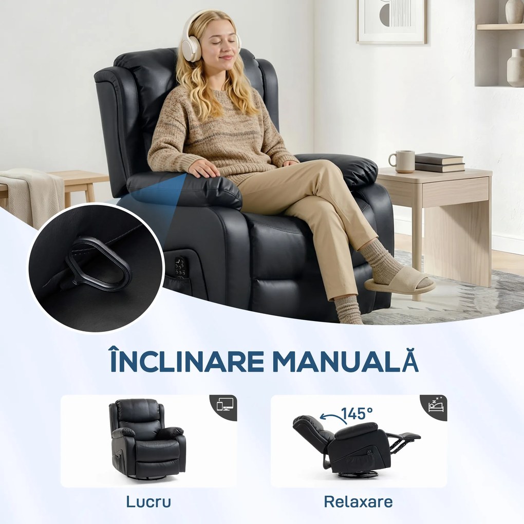 HOMCOM Fotoliu Relax Reclinabil cu 8 Puncte de Masaj și Încălzire, Negru | Aosom Romania
