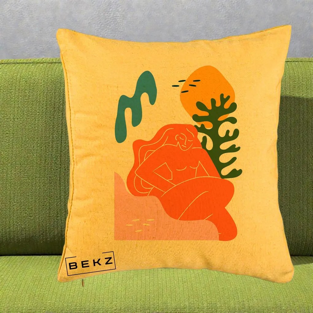 Perna Decorativa Femeie Portocalie Relaxata, 40x40 cm, Galben, Husa Detasabila, Perna Inclusa, BEKZ®