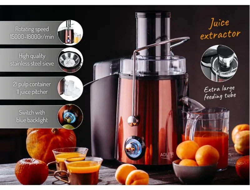 Storcator de fucte si legume Adler AD 4129, 1000/2000W, 2 viteze, 1L, Sistem anti-picurare, Negru/Bronz
