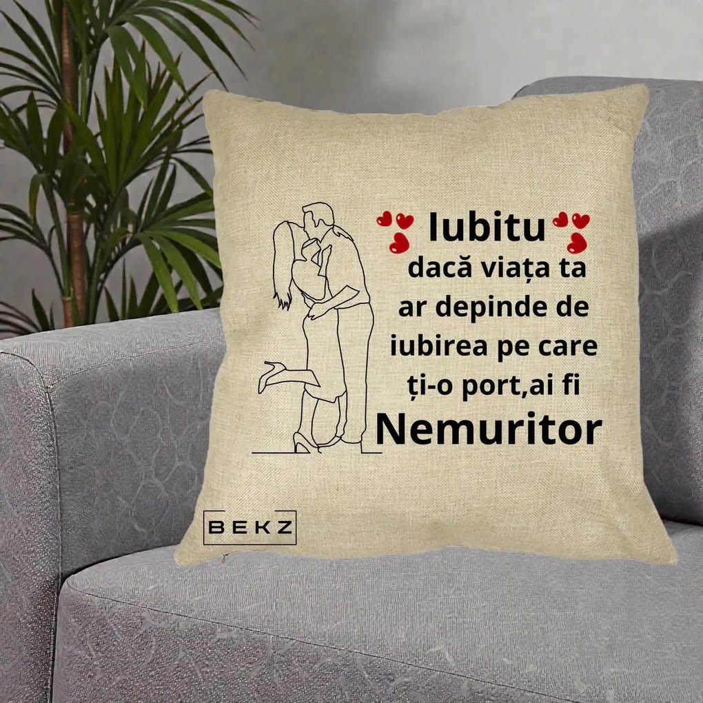 Cadou pentru Iubit - Perna Personalizata Iubitu Nemuritor cu Cuplu Line-Art si Inimi Rosii, 40x40 cm, Crem, Husa Detasabila, Perna Inclusa, BEKZ®