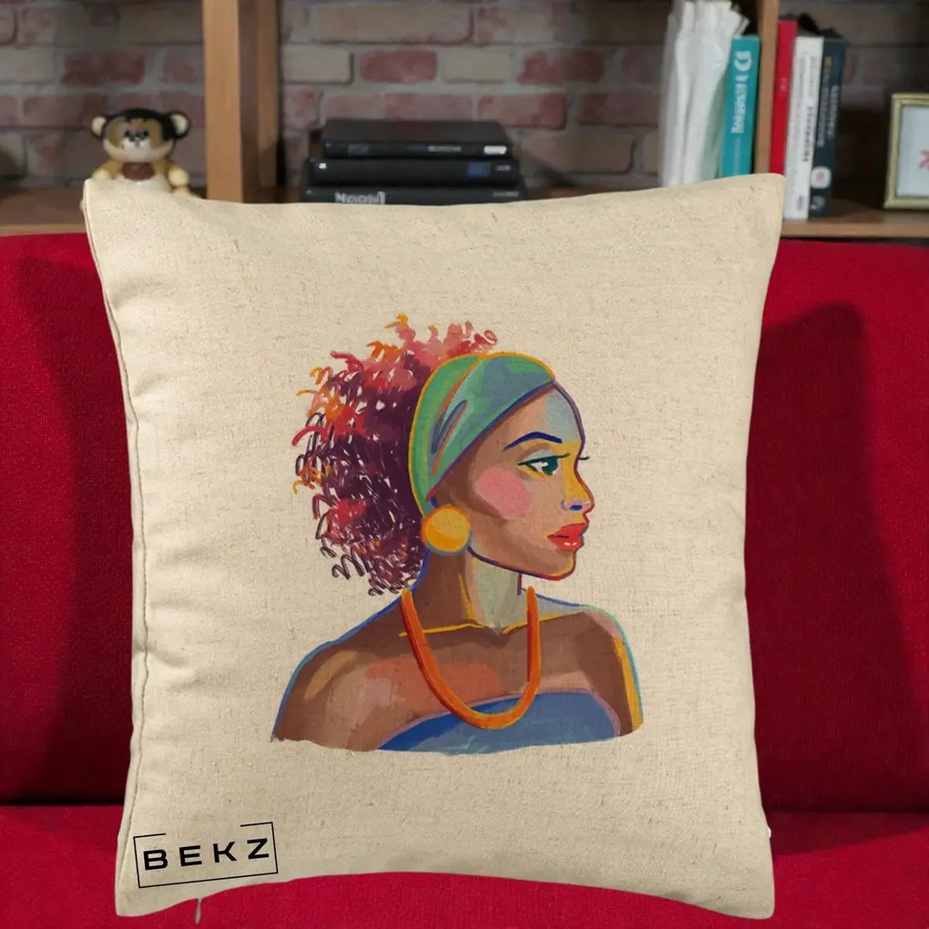 Perna Decorativa Portret Femeie Urbana Acuarela, 40x40 cm, Bej, Husa Detasabila, Perna Inclusa, BEKZ®
