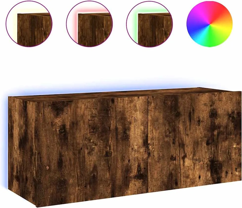 vidaXL Comodă TV de perete cu lumini LED, stejar fumuriu, 100x35x41 cm