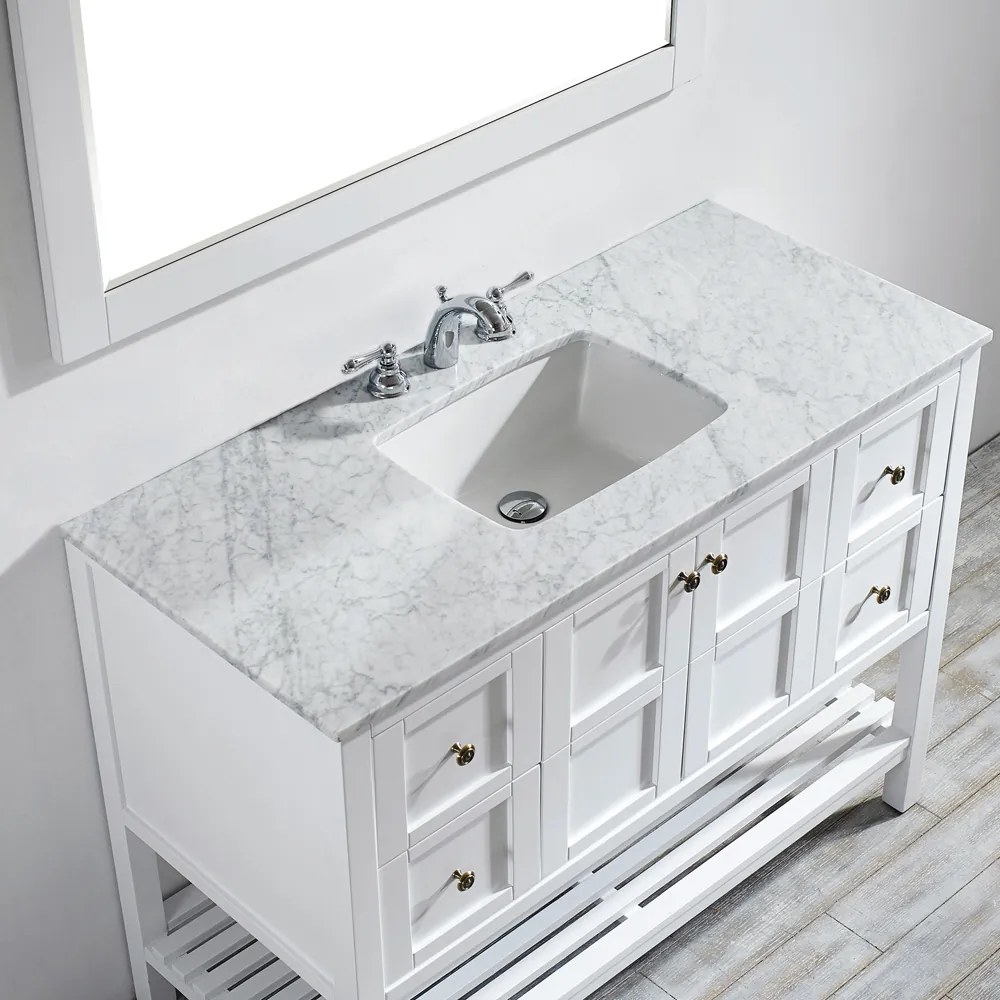 SET MOBILIER BAIE, DULAP LEMN CU LAVOAR, BLAT MARMURA CARRARA + OGLINDA, SIERA WHITE 122X55.8X91.7 CM, ALB