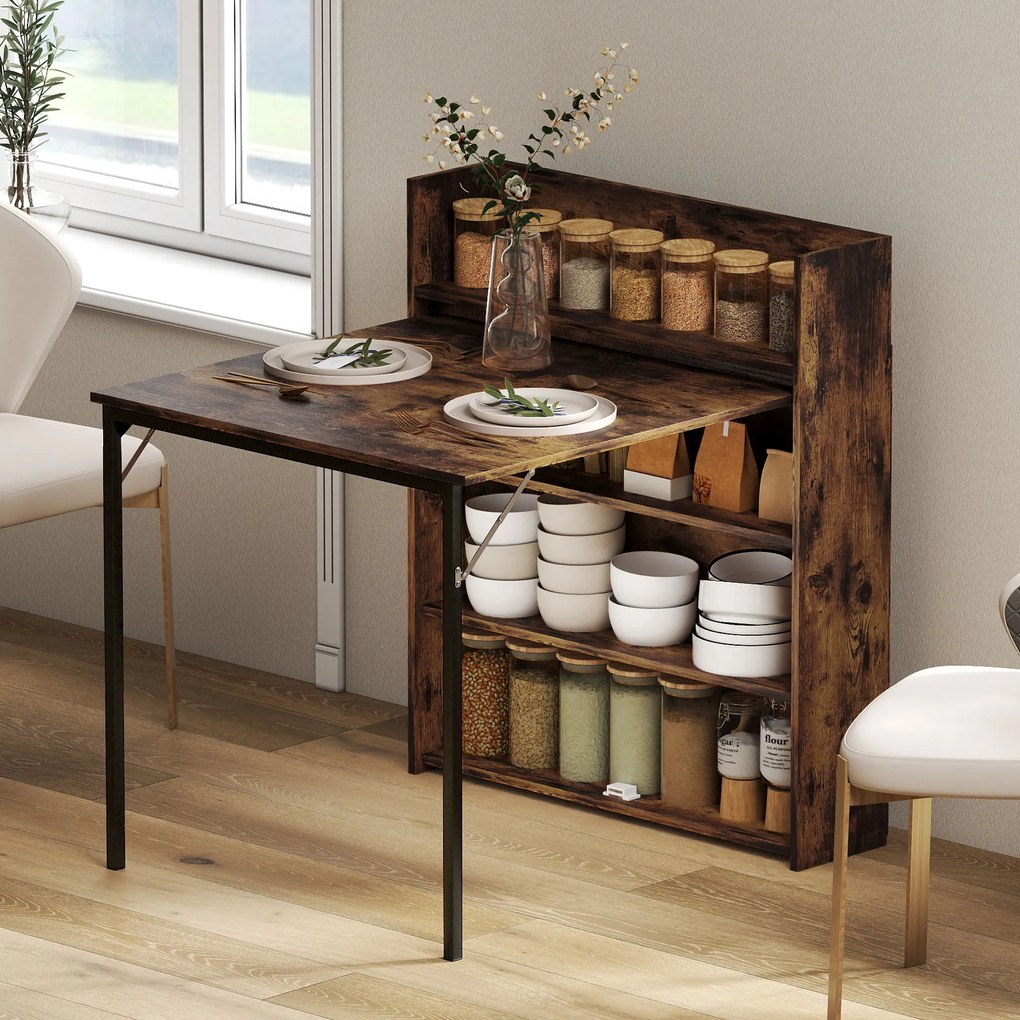HOMCOM Masă pliabilă cu raft, design industrial, economisire de spațiu, pentru spații mici, 80x90x93cm, Maro-Rustic | Aosom Romania
