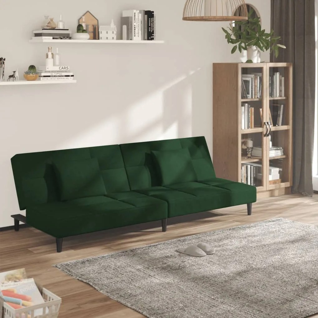 375809 vidaXL Canapea extensibilă cu 2 locuri, 2 perne, verde închis catifea