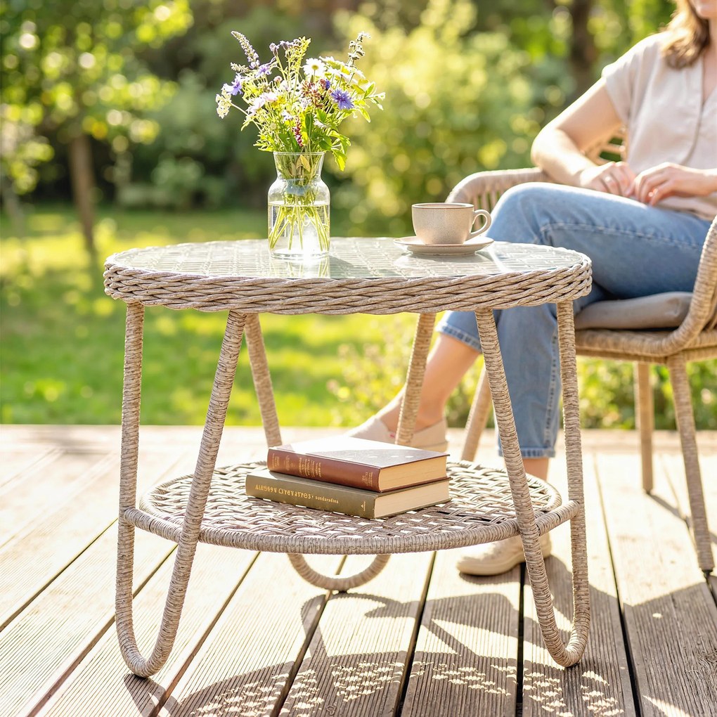 Outsunny Măsuță laterală din polyrattan, masă de cafea în 2 niveluri cu raft, blat din sticlă, picioare reglabile, 65 x 65 x 50 cm, galben | Aosom Romania