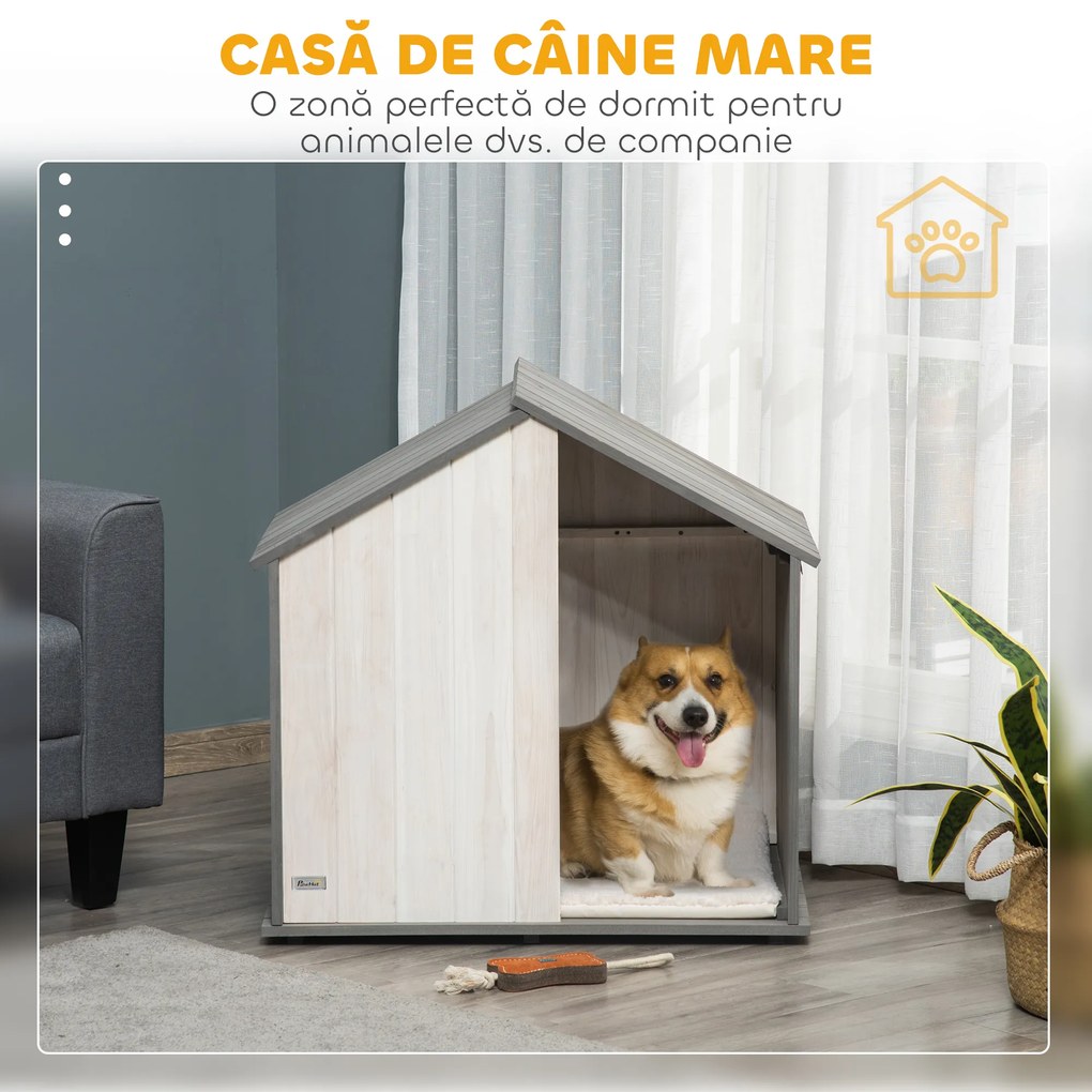 PawHut Cusca Lemn pentru Caini Casuta cu Pernă Confortabilă Gri și Alb | Aosom Romania