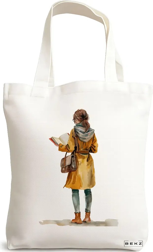 Sacosa de Panza pentru Cumparaturi, Geanta Tote, model The bookie girl 22 38 x 34.5 cm, Alba, BEKZ®