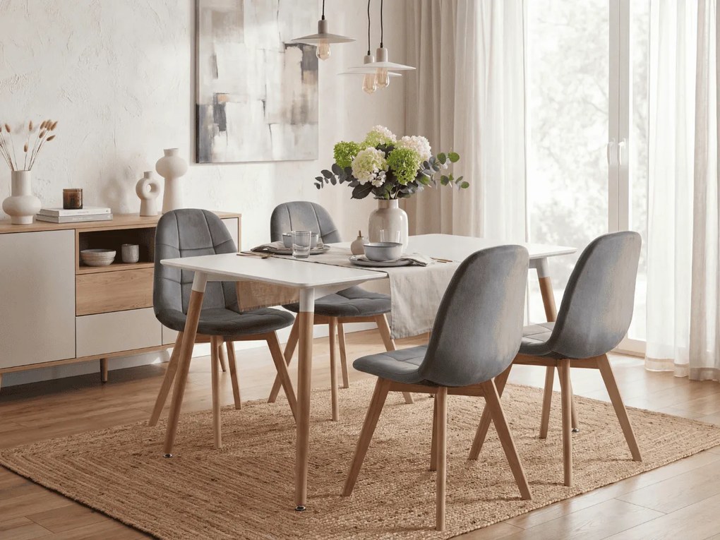 Set de dining 1 + 4, masa alba ADRIA 120x80 cm + scaun din catifea gri inchis BORA