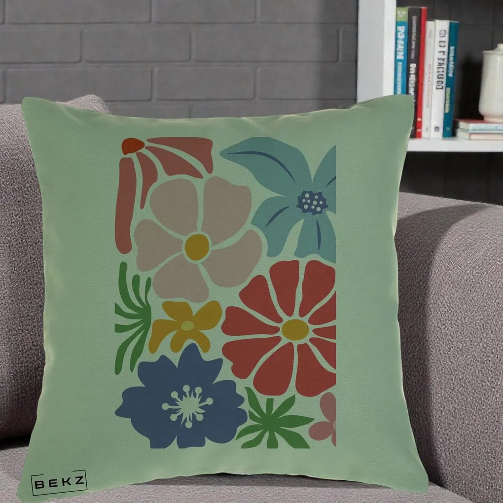 Perna Decorativa Flori Grafice Roz-Rosu-Albastru, 40x40 cm, Verde, Husa Detasabila, Perna Inclusa, BEKZ®