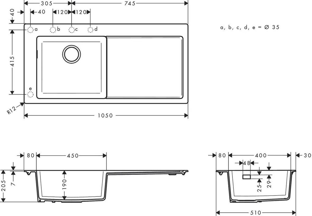 Chiuveta bucatarie Hansgrohe S514-F450 SilicaTec 450, 51x105x19cm, picurator dreapta, graphite black - 43330170