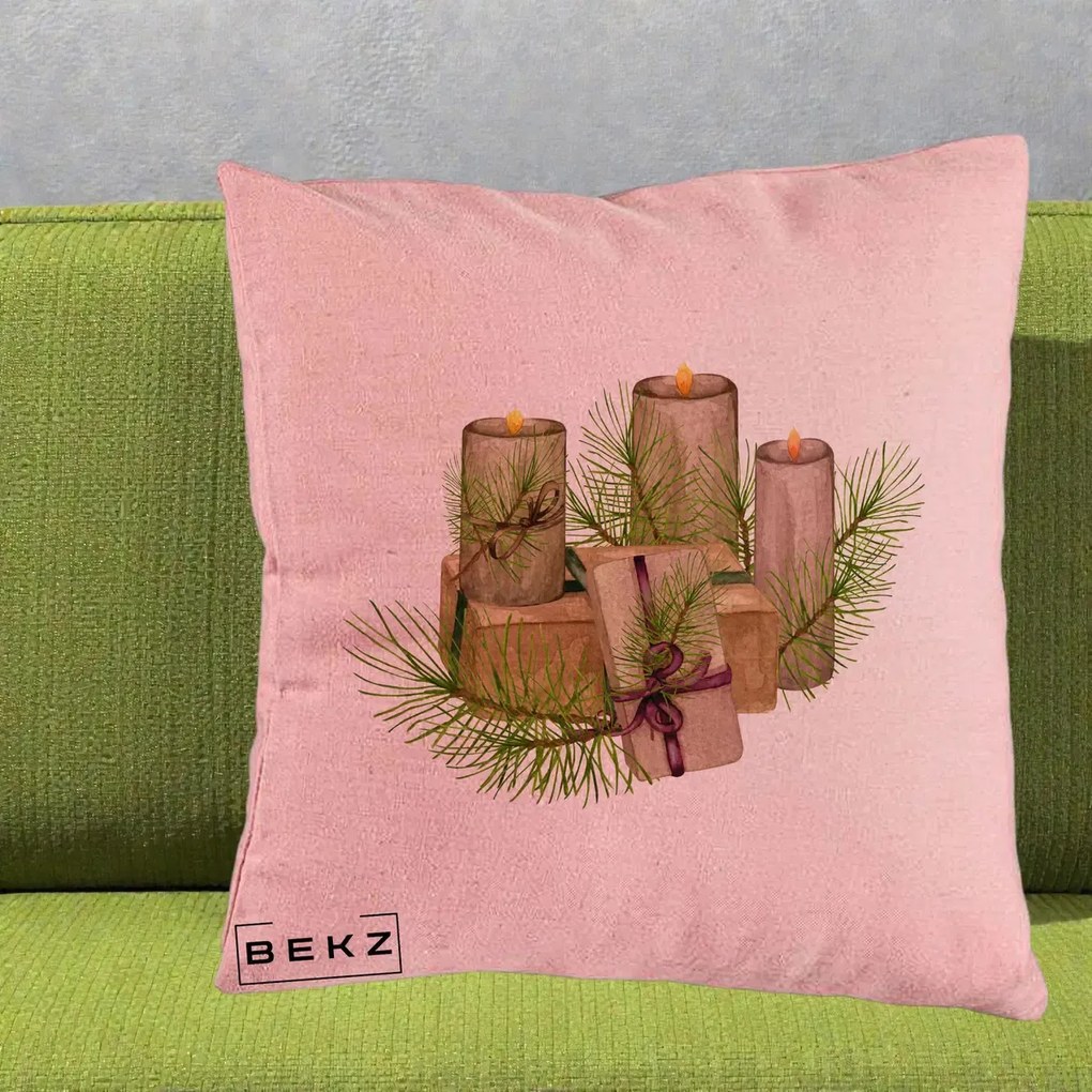 Perna Decorativa Lumanari cu Cadouri Naturale, 40x40 cm, Roz, Husa Detasabila, Perna Inclusa, BEKZ®