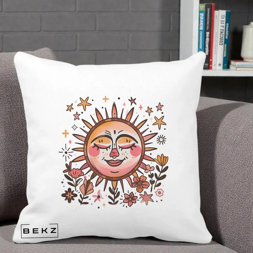 Perna Decorativa Soare Retro Boho Floral, 40x40 cm, Alba Mata, Husa Detasabila, Perna Inclusa, BEKZ®
