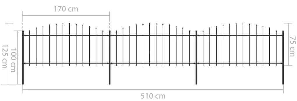 Gard de gradina cu varf sulita, negru, (0,5-0,75) x 5,1 m, otel 1, 50-75 cm, 5.1 m