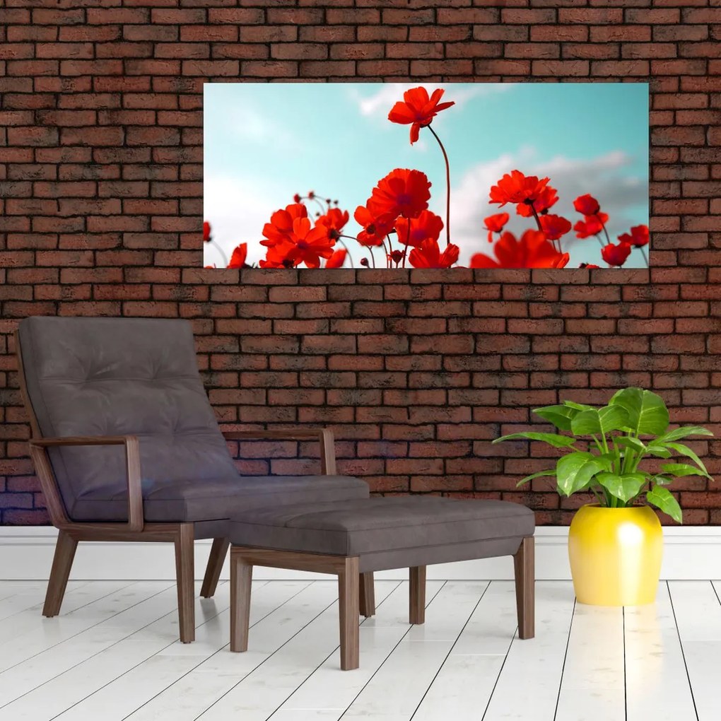Tablou - Câmp cu flori roșu deschis (120x50 cm)
