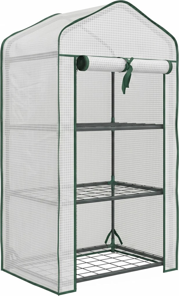 Outsunny Mini Seră pe 3 Nivele cu Acoperiș PE Întărit, Seră Portabilă cu Ușă Rulantă și Rafturi din Sârmă, 59x39x127 cm, Alb | Aosom Romania