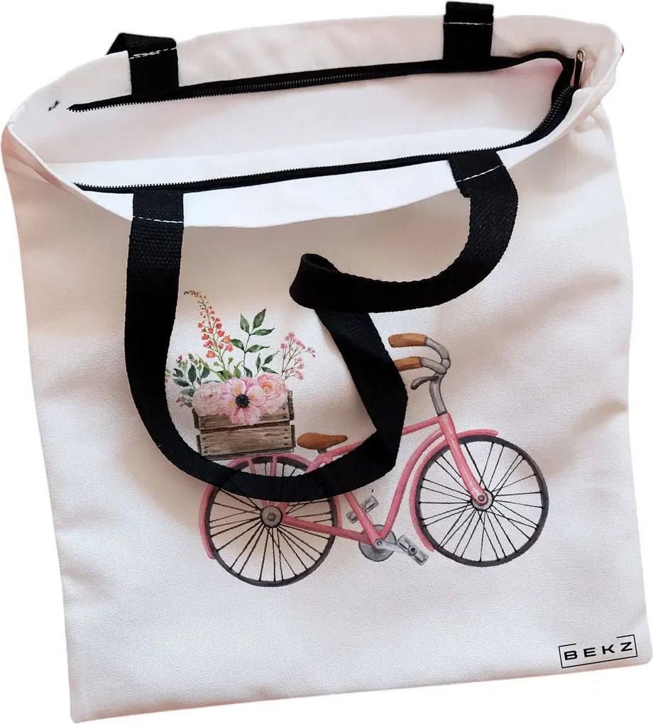 Sacosa de Panza pentru Cumparaturi, Geanta Tote, model Spring on Two Wheels, Cu fermoar, 38x34.5 cm, Alba, BEKZ®