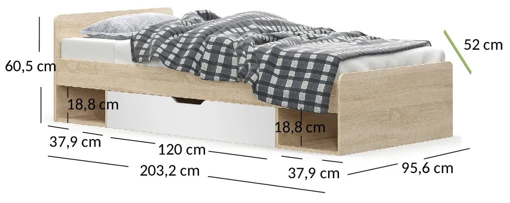 Pat de o persoană 90 cm Terrell (Stejar sonoma + alb) (fără saltea și somieră). 1053300