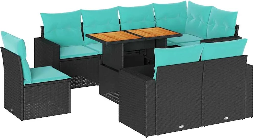 vidaXL Set mobilier de grădină cu perne, 9 piese, negru, poliratan