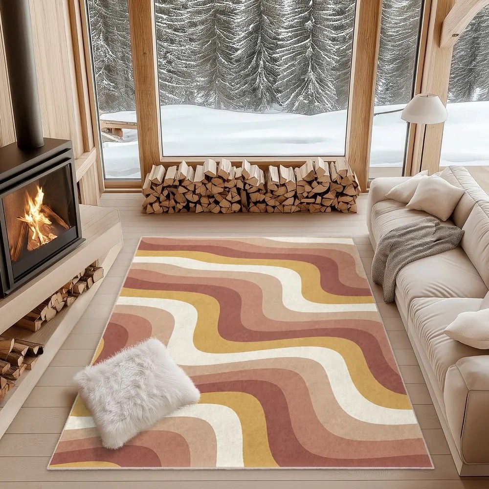 Covor tip traversă galben ocru-roz prăfuit lavabil 80x200 cm Creamy Strawberry Swirl – Mila Home