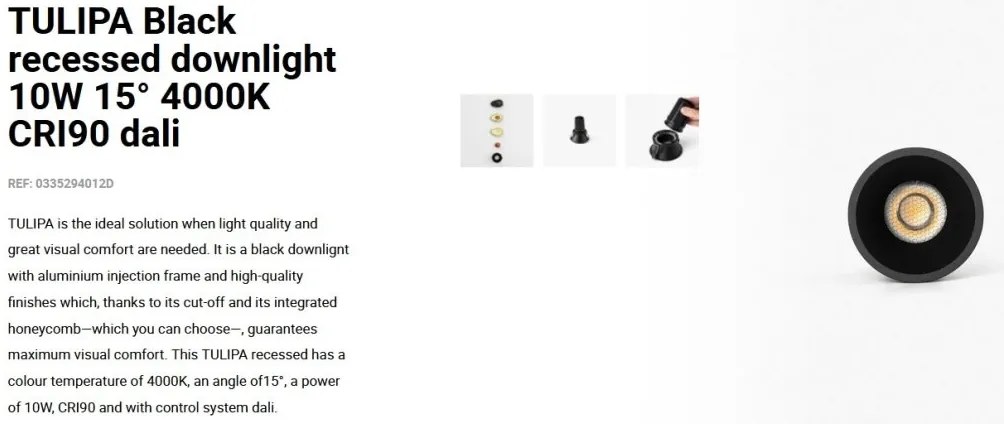 Spot LED incastrabil TULIPA Black recessed downlight 10W 15° 4000K CRI90 dali