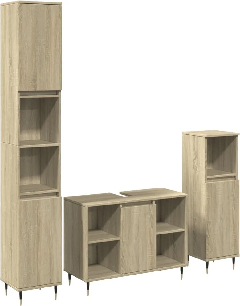 vidaXL Set mobilier de baie, 3 piese, stejar sonoma, lemn prelucrat