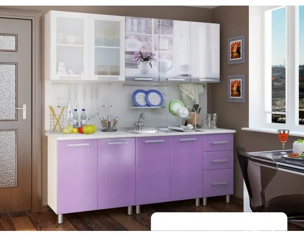 Bucatarie MDF FAMP AQUARELE, 200x60x200cm, Alb + Lila