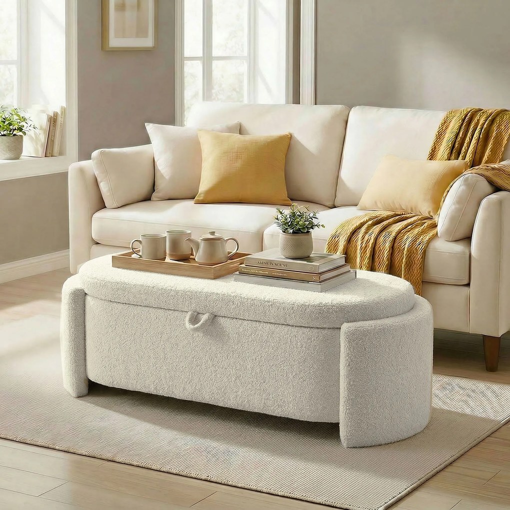 HOMCOM Banc de depozitare, banc la picioarele patului oval din polar Teddy cu șezut lat, 129 x 48,5 x 44 cm, crem | Aosom Romania