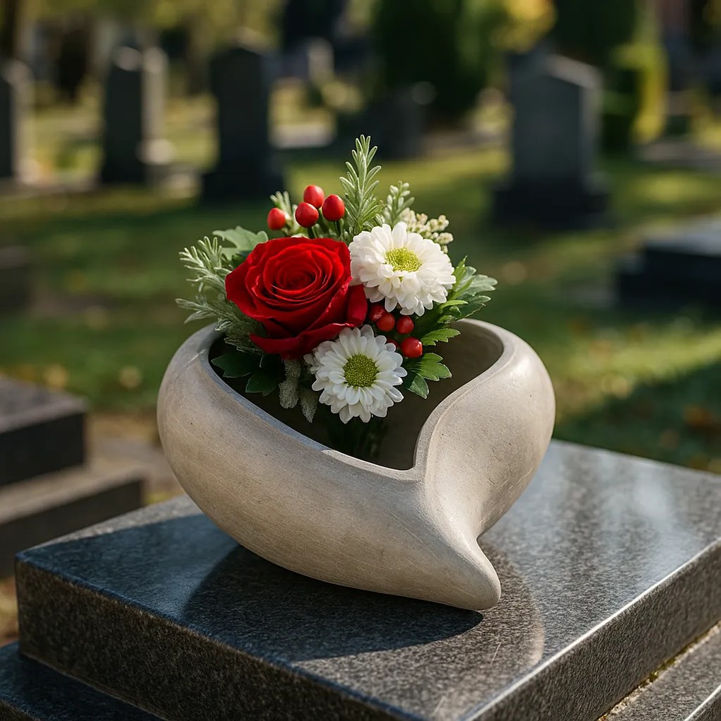 Ambalaj floral funerar - în formă de inimă,poliresină, gri