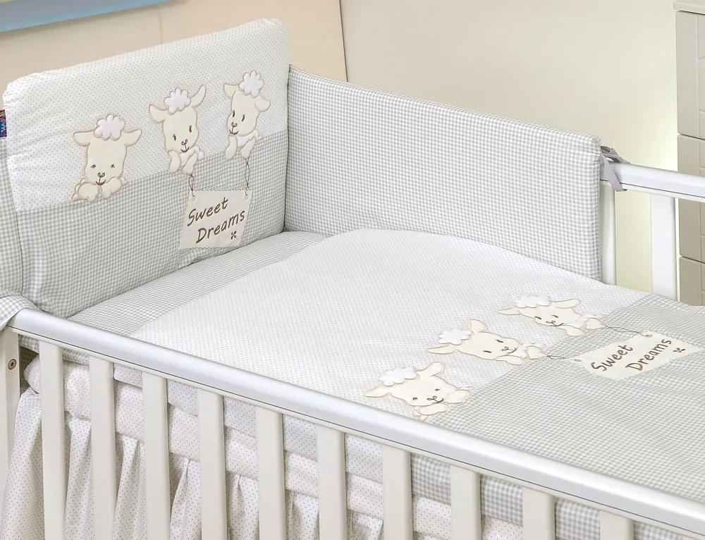 Set lenjerie din bumbac cu protectie laterala pentru pat bebelusi Sweet Dreams Grey 120x60 cm