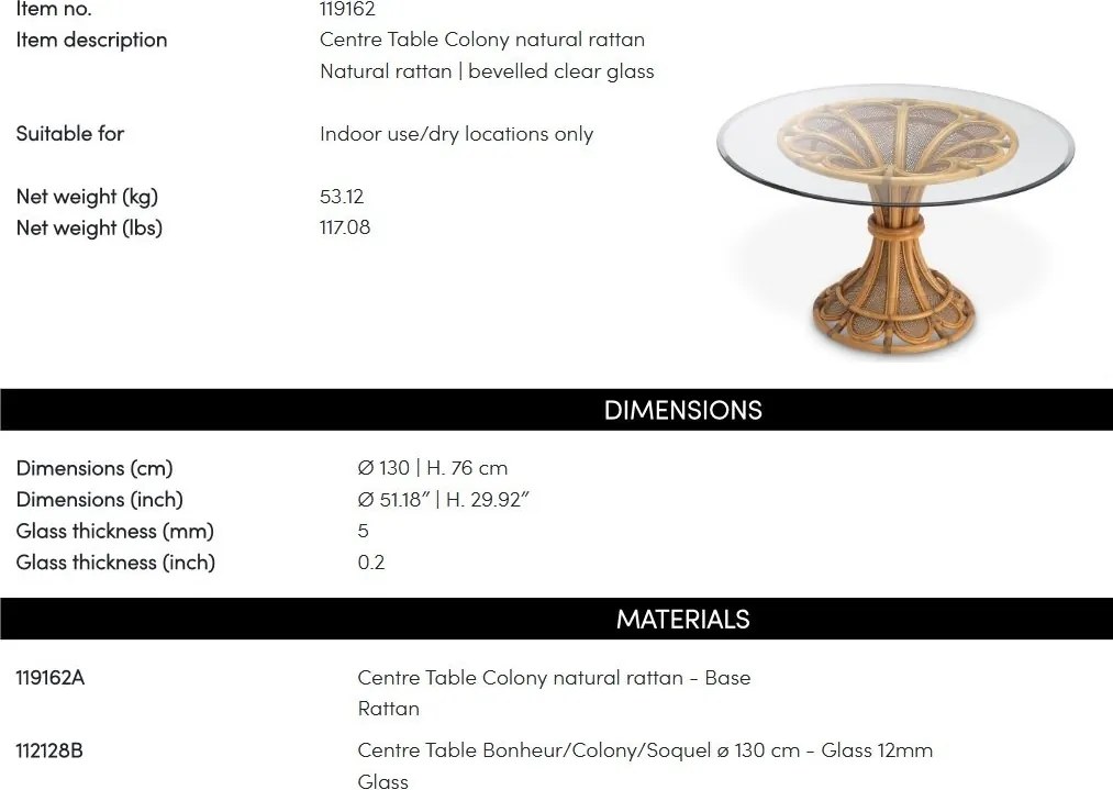 Masa rotunda design LUX, Ratan natural, Sticla, Colony